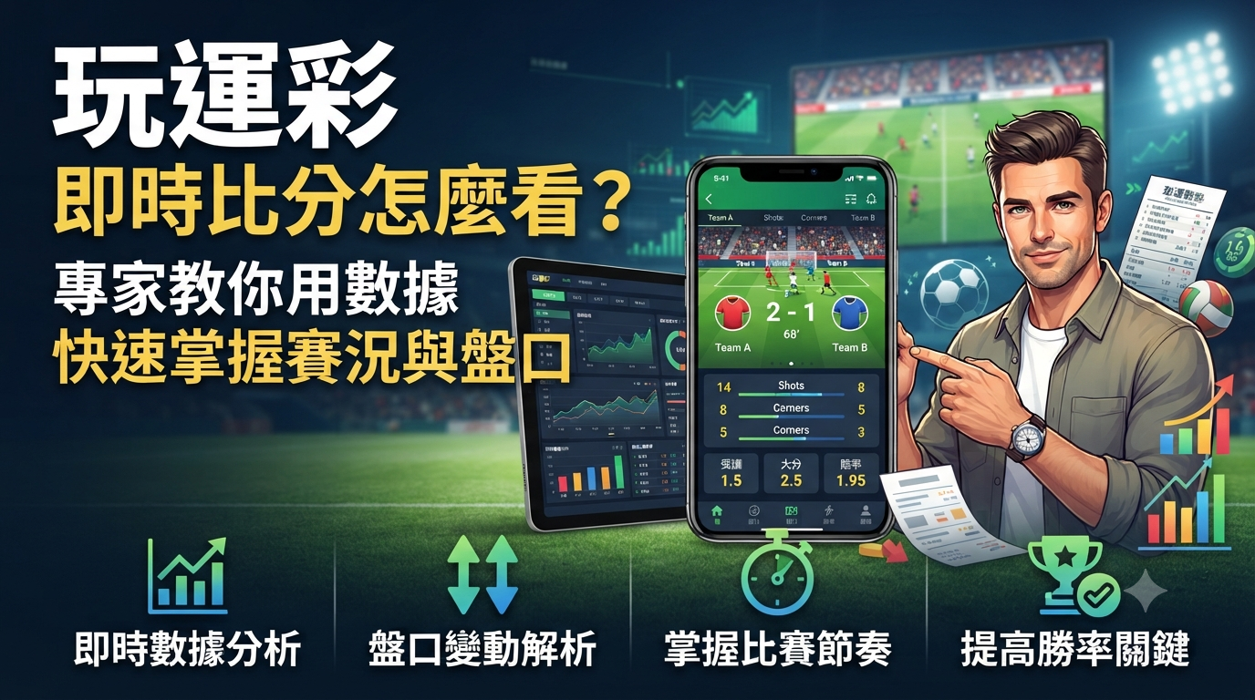 左側清晰標示文章標題。 畫面中結合了手機與平板的即時比分介面、數據圖表以及專家形象，呈現如何透過數據掌握賽況與盤口。